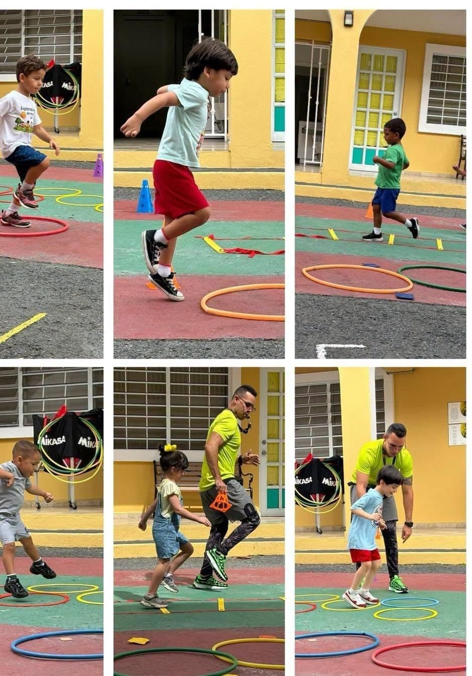 Collage de seis fotos: niños de preescolar saltan aros y conos en la cancha del colegio con su maestro de educación física